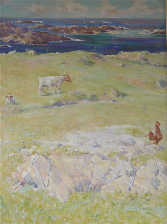 Henry Young Alison Chickens and cattle in a coastal landscape 24 x 17in.